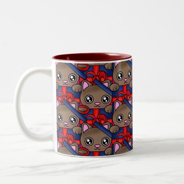 Söt Nuvarande katt i Gift box med Bowtie Två-Tonad Mugg (Vänster)