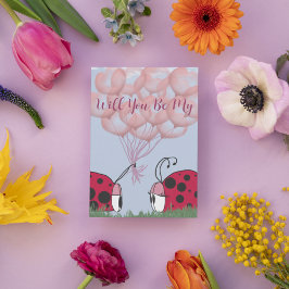 Söt nyckelpiga med fin rosa ballongbukett helgkort