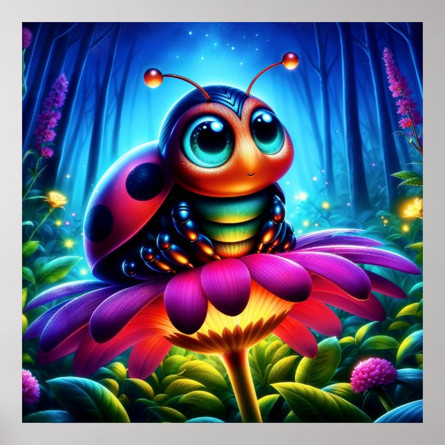 Söt nyckelpiga med stora ögon och ett mystiskt ske poster (Framsidan)