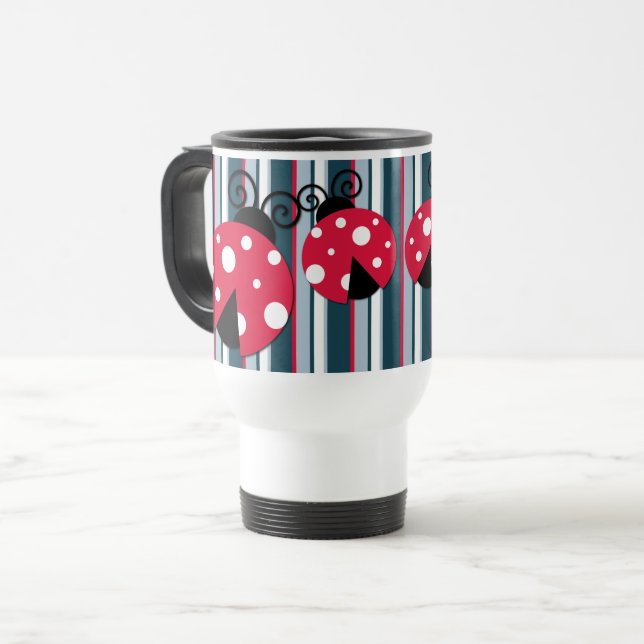 Söt Nyckelpiga Röd Vit Blå Randigt Mönster Resemugg (Framsida vänster)