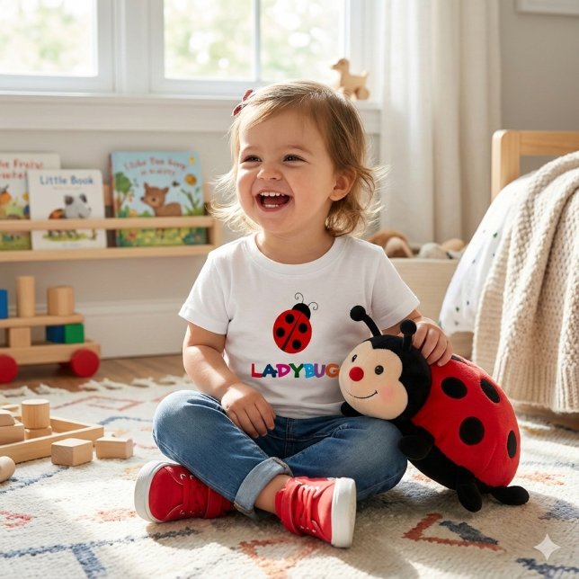 Söt Nyckelpiga Sommar Glädje Småbarn T-Shirt (Happy toddler girl wearing cute ladybug t-shirt.)