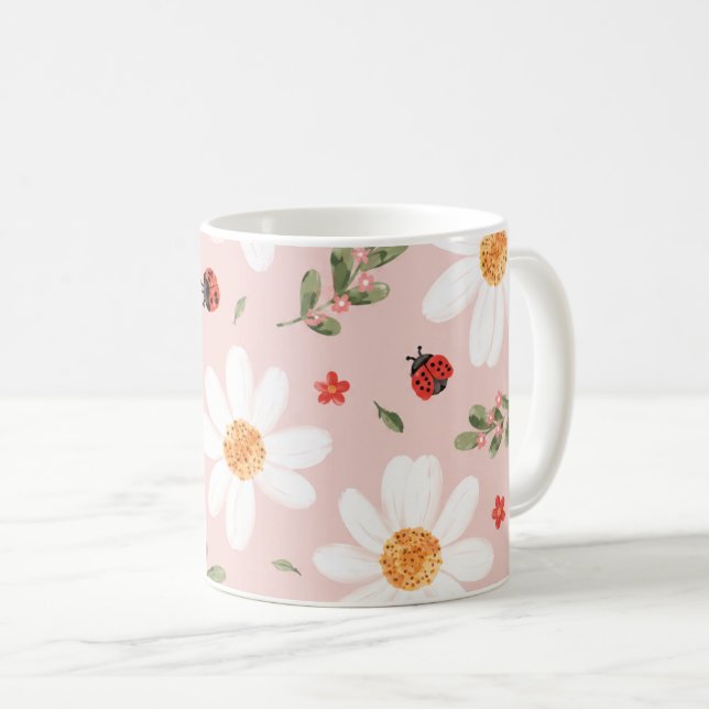 Söt Nyckelpiga & Vit Blomma Mugg (Framsida höger)