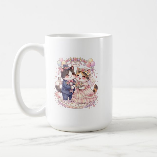 Söt Nygift Katt Bröllop Vattenfärg Kaffe  Kaffemugg (Vänster)
