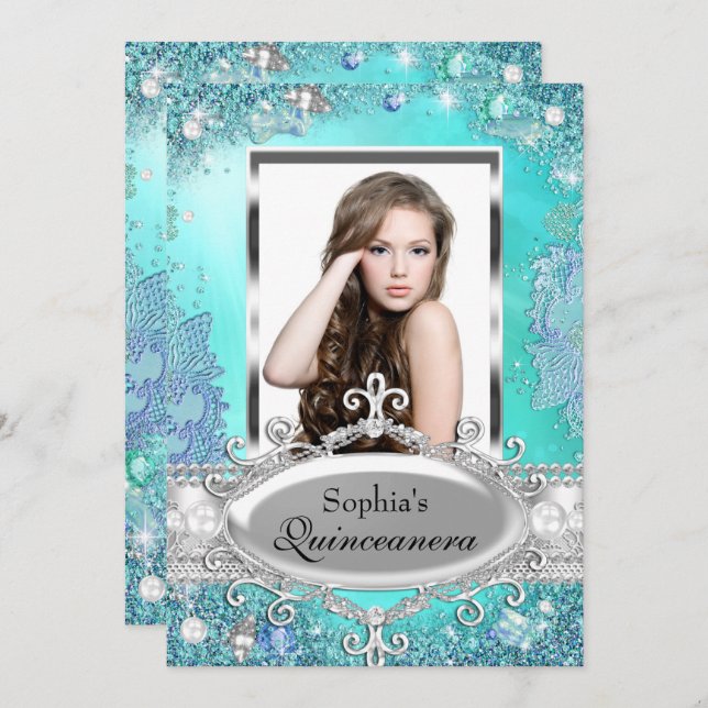 Söt Ocean Jewel Photo Quinceanera-inbjudan Inbjudningar (Fram/baksida)