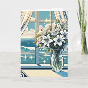 Söt Ocean View and Vas of Flowers Birthday Kort