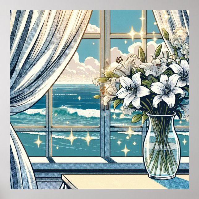 Söt Ocean View och Vas of Flowers Poster (Framsidan)