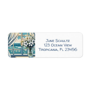 Söt Ocean View och Vas of Flowers Returadress Etikett