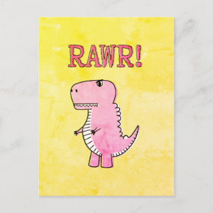 Söt och arg rosa tecknad T-Rex gammalt papper Vykort