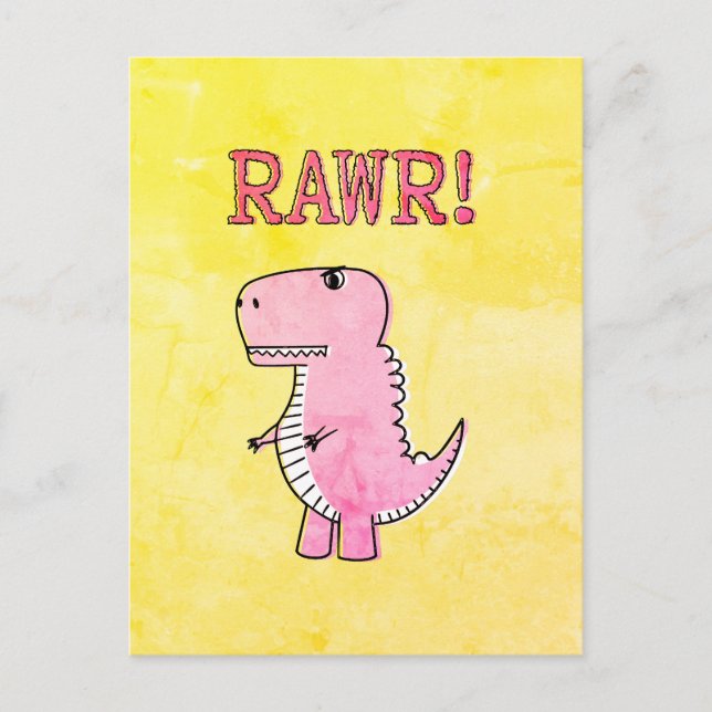 Söt och arg rosa tecknad T-Rex gammalt papper Vykort (Framsida)