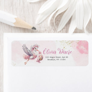 Söt och elegant rosa stork-babyfest för flicka returadress etikett