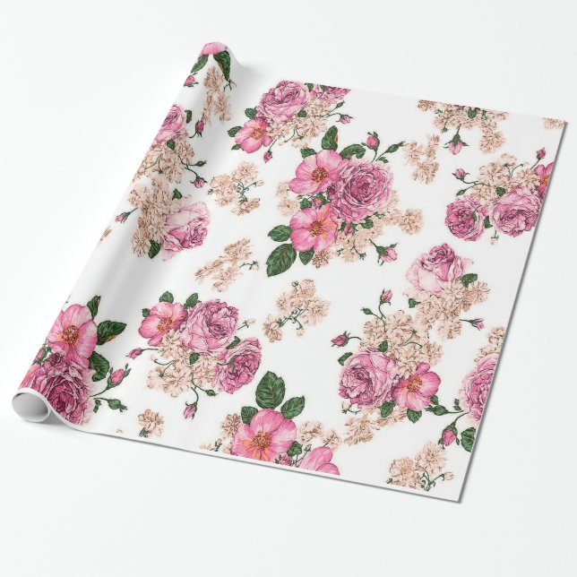 Söt och elegant vintage ro,rosa ros presentpapper (Utrullad)