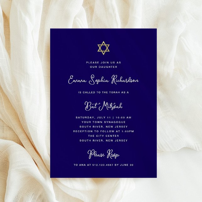Söt och enkelt | Blå vit och Guld Bat mitzvah Inbjudningar (Skapare uppladdad)