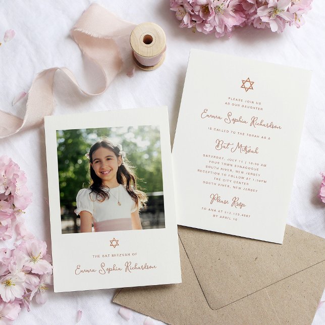 Söt och enkelt Faux Ro Guld Photo Bat mitzvah Inbjudningar (Skapare uppladdad)