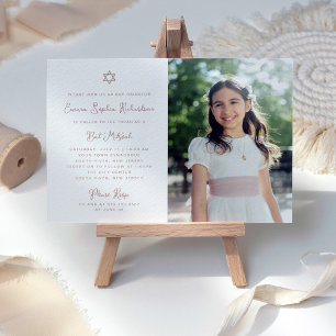 Söt och enkelt Faux Ro Guld Photo Bat mitzvah Inbjudningar
