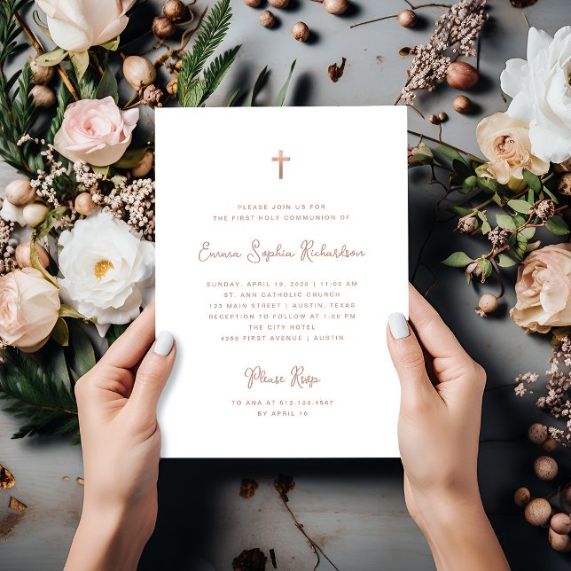 Söt och enkelt | Kommitté Ro Guld Första Heligan Inbjudningar (An elegant, faux rose gold First Holy Communion invitation)