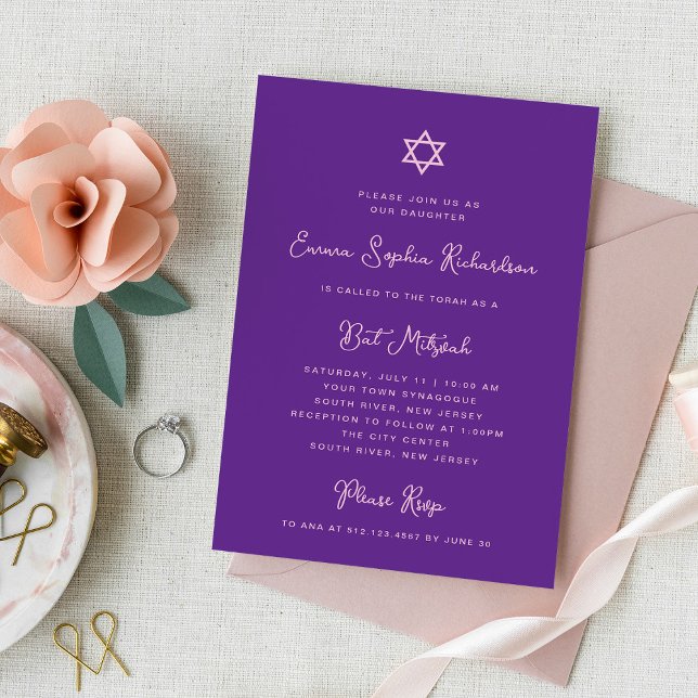 Söt och enkelt | Lila och Rosa Bat mitzvah Inbjudningar (Skapare uppladdad)