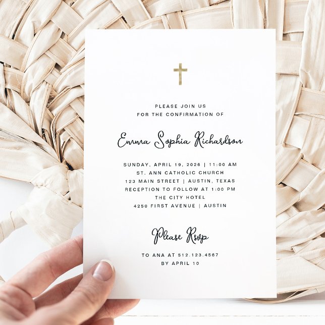 Söt och enkelt | Svartvit bekräftelse Inbjudningar (A simple, black and white Confirmation invitation with trendy whimsical script)