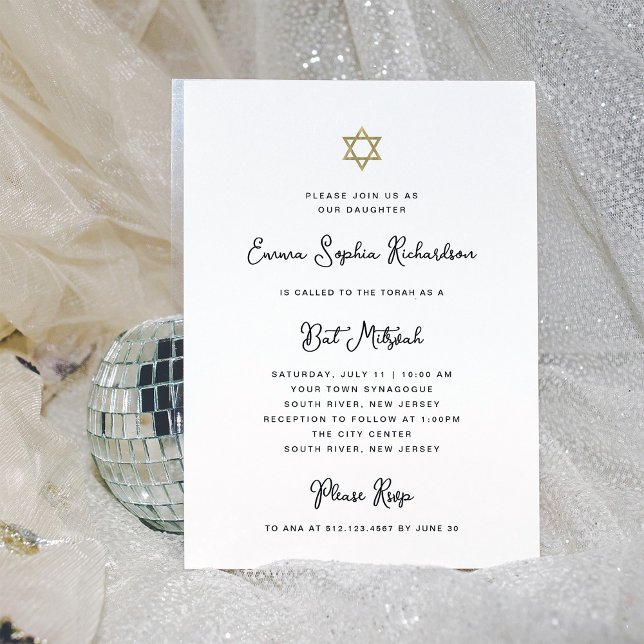 Söt och enkelt Svartvitt och Guld Bat mitzvah Inbjudningar (Skapare uppladdad)