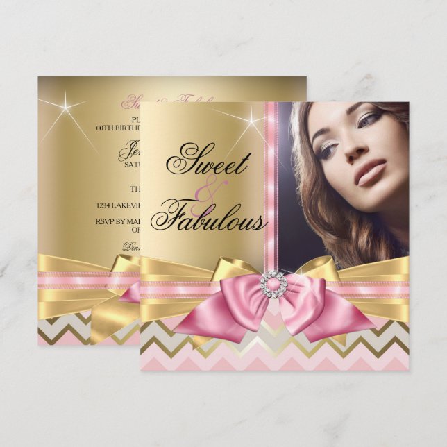 Söt och fantastisk rosa guld-chevron födelsedag inbjudningar (Fram/baksida)