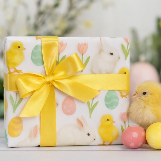 Söt och färgglad kanin, kyckling och påskägg  presentpapper ( A cheerful spring/Easter pattern wrapping paper featuring yellow chicks and Easter eggs. Adorable!)