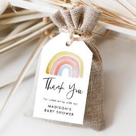 Söt och färgrik akvarellregnbåge baby shower presentetikett