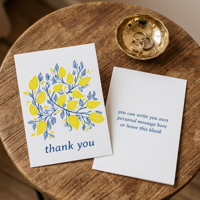 Söt och fintvätt- och gult-citroner tack kort (Pretty and delicate blue and yellow lemon vines thank you card)