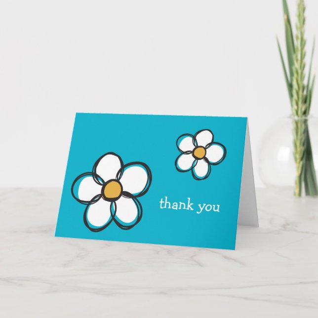 Söt och flickig doodle-blomma Aqua bakgrund A11A Tack Kort (Framsida)