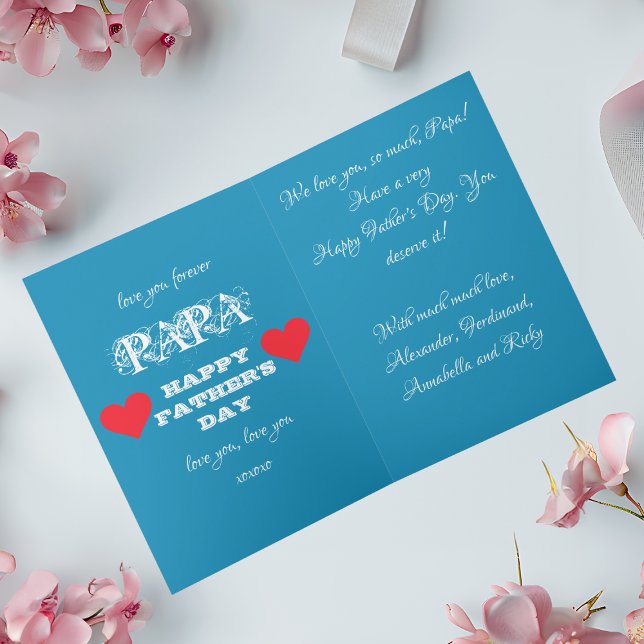 Söt och flytande Modern Blue White Red Fars dag Kort (Show him how much the family cares with this Gushy Sweet & Loving Blue & White with Red Hearts Card.)
