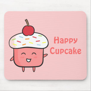 Söt och glad rosa cupcake med körsbär musmatta