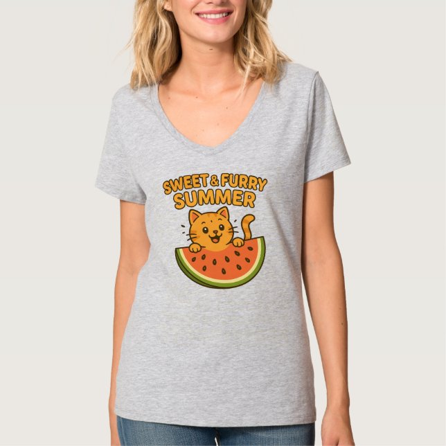 Söt och Hårig Sommar - Cute Watermelon Cat T-Shirt (Framsida)