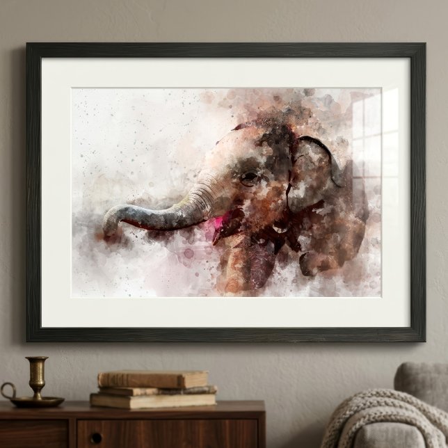 Söt och lekfull asiatisk elefantbaby i akvarell fototryck (Cute and Playful Baby Asian Elephant Watercolor. Photo Print)