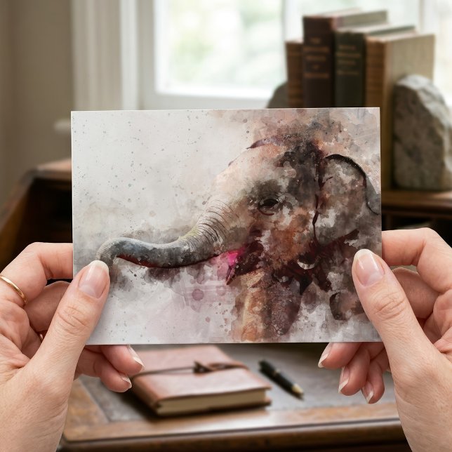 Söt och lekfull asiatisk elefantbaby i akvarell vykort (Cute and Playful Baby Asian Elephant Watercolor. Postcard)