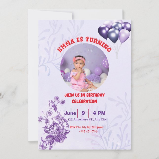 Söt och Lila - inbjudan till Watercolor Birthday (Framsida)