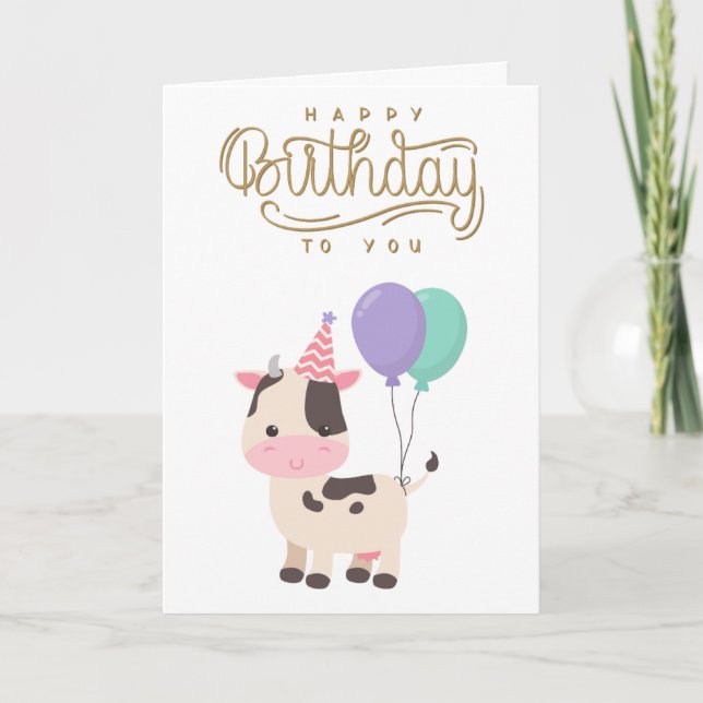 Söt och rolig ko & ballonger Glad födelsedag Kort (Framsida)