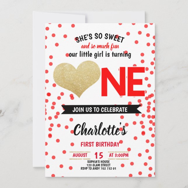 Söt och Roligt Black Red Heart Girl First Birthday Inbjudningar (Framsida)