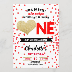 Söt och Roligt Black Red Heart Girl First Birthday Inbjudningar