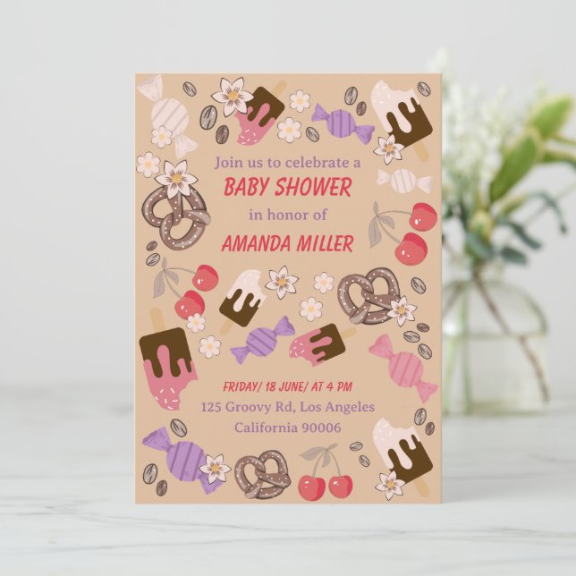 Söt och Salty Baby Shower Treats Beige Mönster Inbjudningar (Stående Fram)