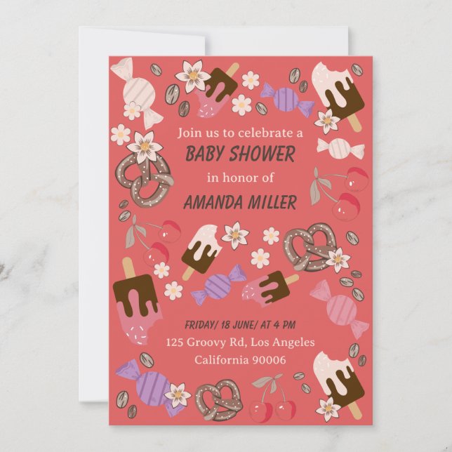 Söt och Salty Baby Shower Treats Red Mönster Inbjudningar (Framsida)