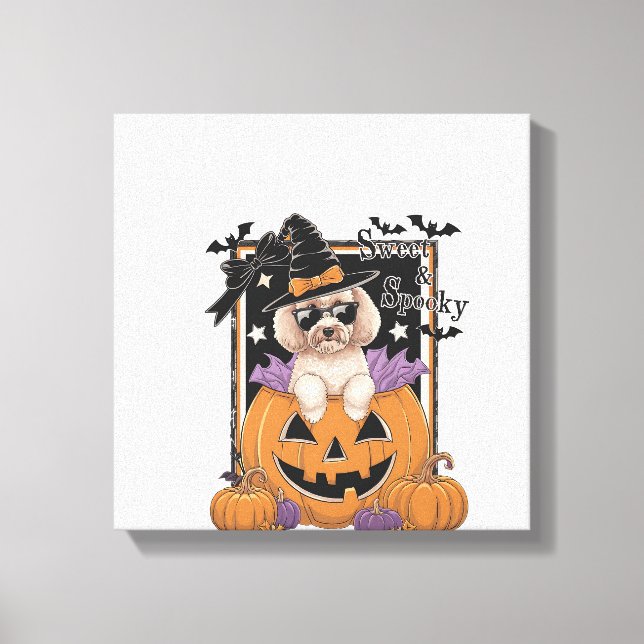 Söt och spöklik pudel och pumpa canvastryck (Framsida)