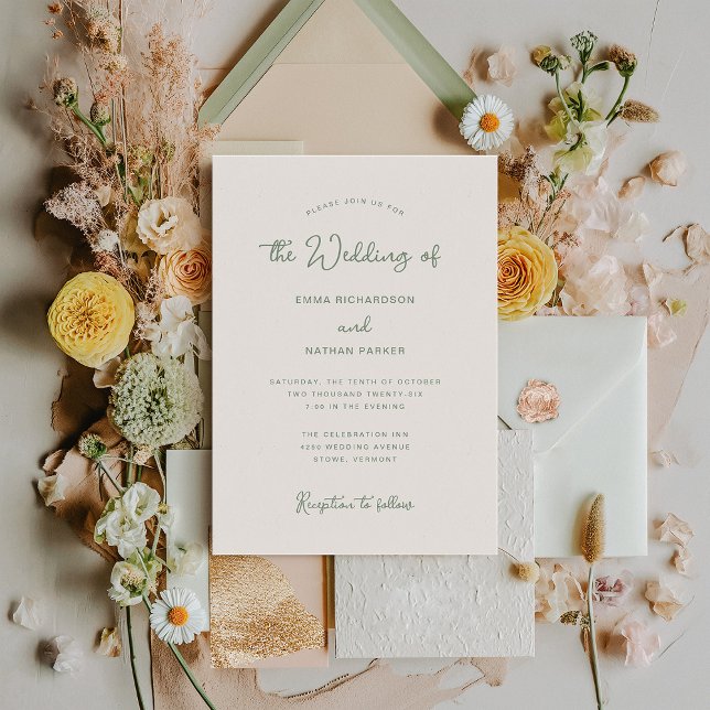 Söt och vismisk | Elfenbenskusten och Sage Grönt B Inbjudningar (An elegant and simple ivory cream wedding invitation with sage green text)