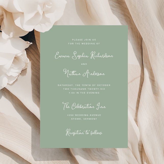 Söt och vismisk | Elfenbenskusten och Sage Grönt B Inbjudningar (A stylish, sage green wedding invitation with ivory text)
