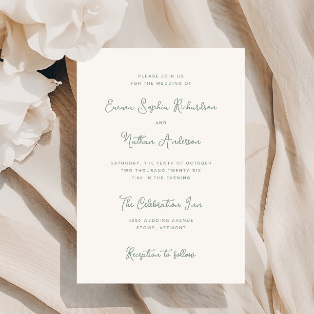 Söt och vismisk | Elfenbenskusten och Sage Grönt B Inbjudningar (A stylish, ivory cream colored invitation with trendy sage green typography)