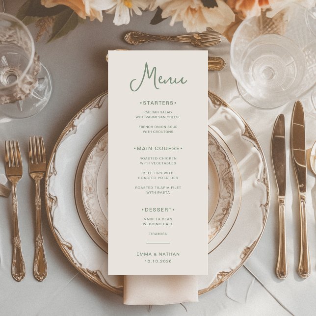 Söt och vismisk | Elfenbenskusten och Sage Grönt B Meny (An elegant, ivory cream wedding menu with trendy sage green typography)