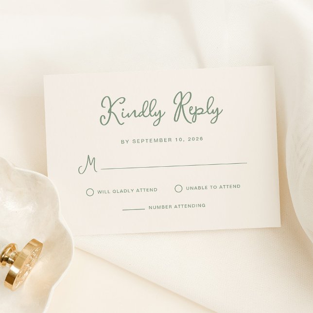 Söt och vismisk Elfenbenskusten och Sage Grönt Brö OSA Kort (A simple and elegant ivory cream wedding rsvp card with sage green text)