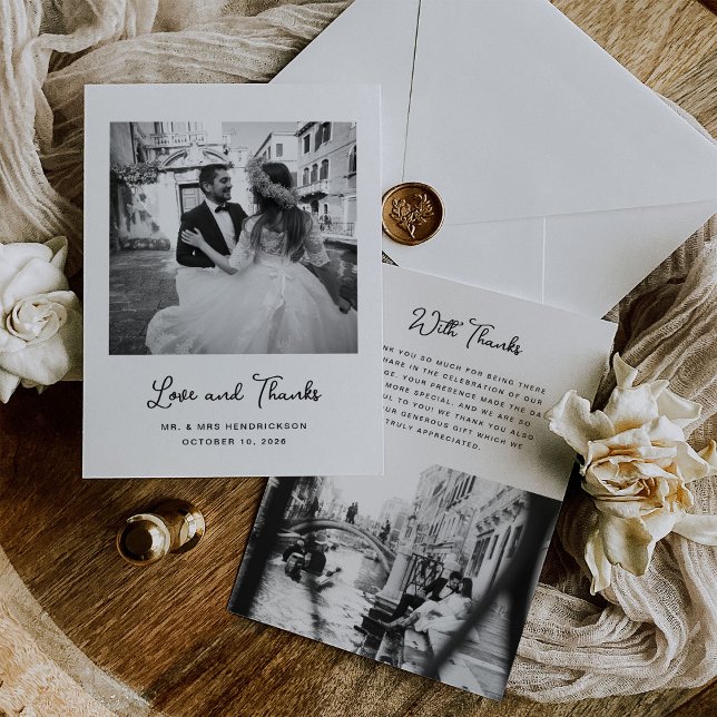 Söt och vismisk | Enkel två foto Bröllop Tack Kort (A simple, classic, black and white wedding thank you with two photos and whimsical script)