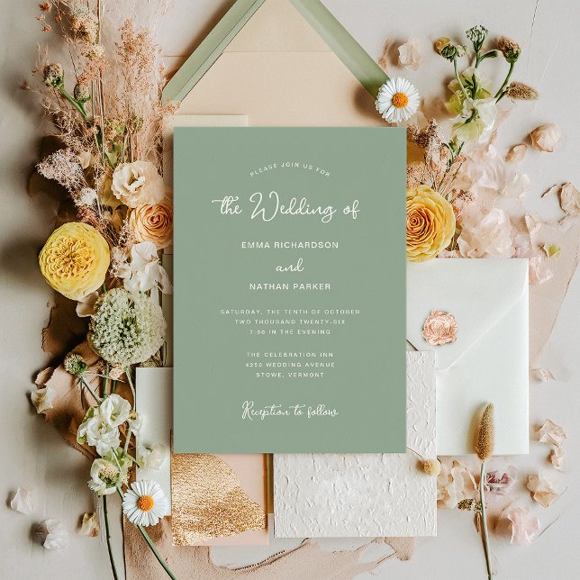 Söt och vismisk | Försäljning Grönt Bröllop Inbjudningar (A stylish, sage green wedding invitation with ivory text)