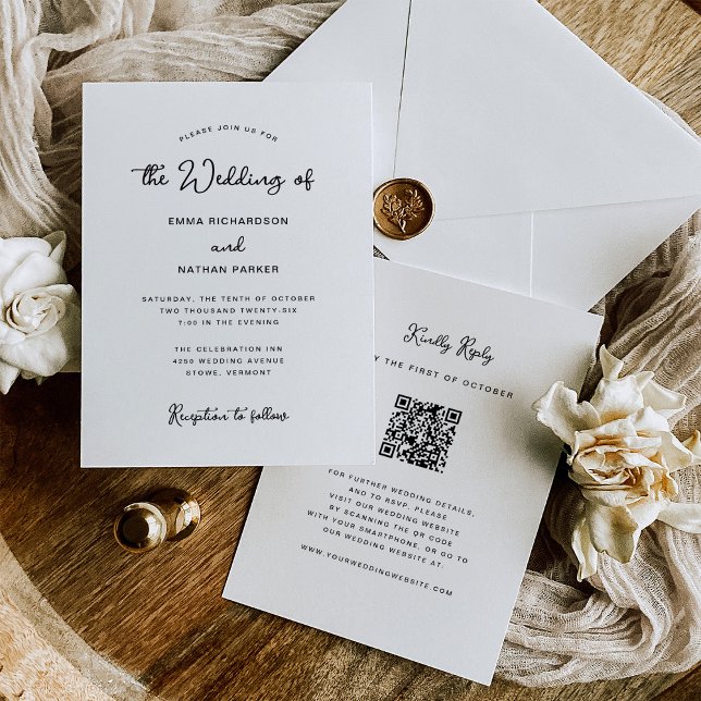 Söt och vismisk | QR-kod och OSA Bröllop Inbjudningar (A black in white, all in one wedding invitation with a QR code so guests can rsvp online)