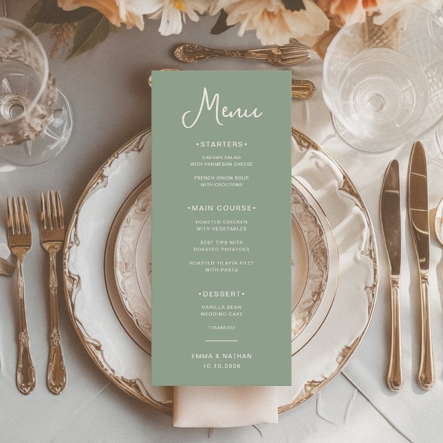 Söt och vismisk | Sage Grönt och Elfenbenskusten B Meny (A trendy and elegant sage green wedding menu with ivory typography)