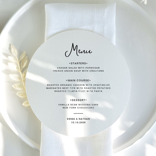 Söt och vismisk | Svartvit Bröllop Meny (A sweet and whimsical, black and white round wedding menu)