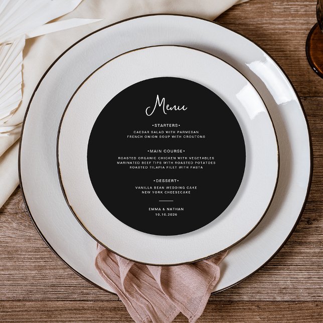 Söt och vit svart | BRÖLLOP Meny (A sweet and whimsical, dark black round wedding menu)